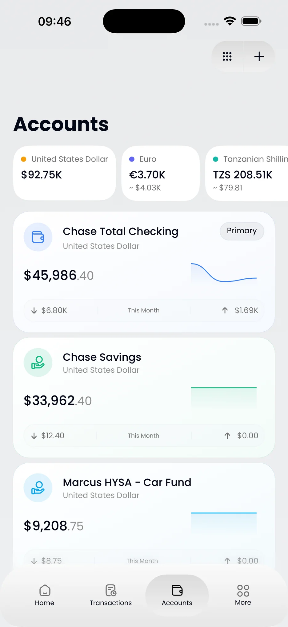 Flex Cashflow accounts screen listing Chase Total Checking, Chase Savings and Marcus HYSA with balances
