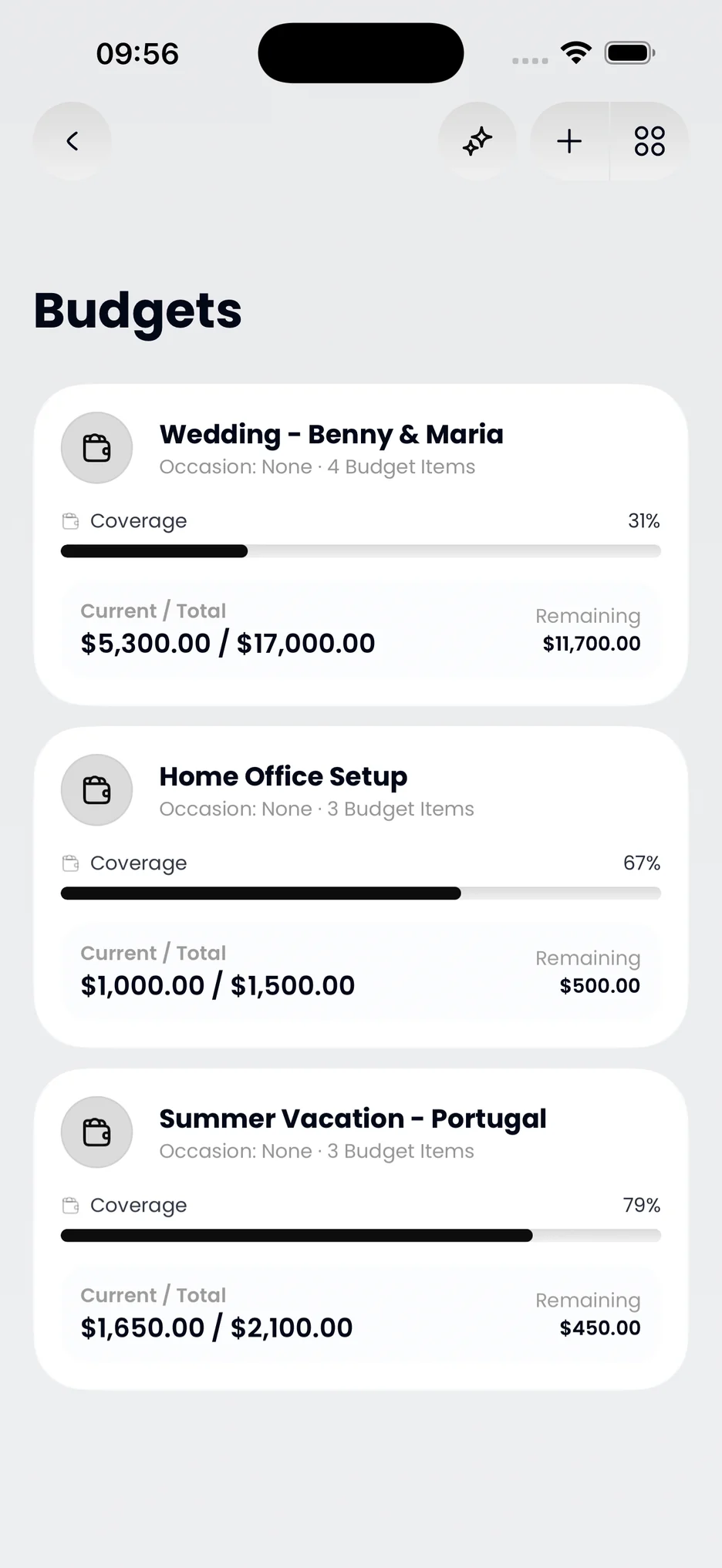 Budgets screen showing wedding, home office and holiday budgets with progress bars