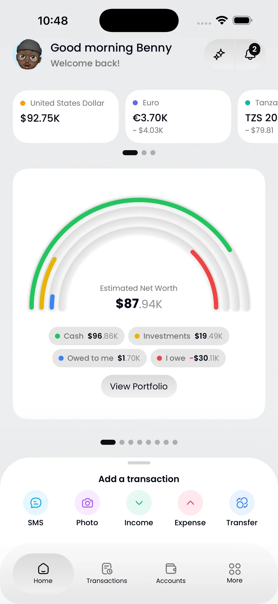 Home screen with the estimated net worth arc at $87.94K