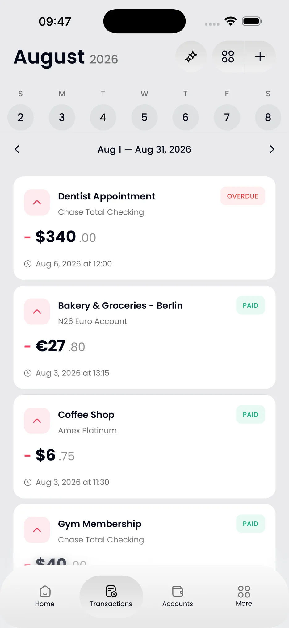 Transactions screen showing a month of entries grouped by day